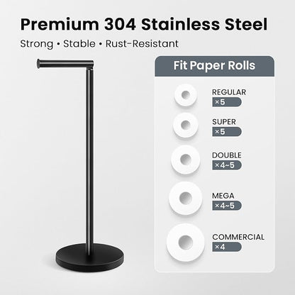 Cesun Free Standing Toilet Paper Holder Stand with Weighted Base, Black | SUS304 Rustproof Steel | Thick Non-Slip Base | Swivel Pivot Design | Slim Footprint | Holds 5 Rolls