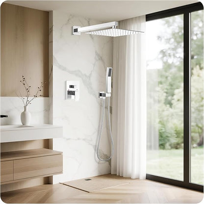 Chrome Shower Faucet Set, 10 inch Rain Shower System with Pressure Balance Valve, Wall Mounted 2-Functions Bathroom Shower Systems with Rain Shower and Handheld Spray Shower Trim Included