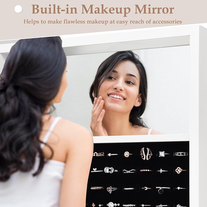NAFORT 18 LED Lights Standing Mirror Jewelry Cabinet, Large Storage Mirror Full Length, Jewelry Armoire with Lipstick Holders, Shelves, Earring Notches, Inside Makeup Mirror (White)