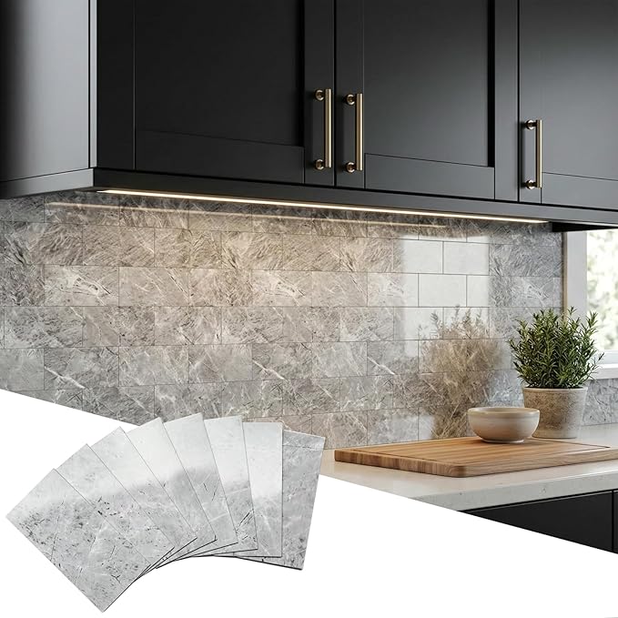 Yipscazo 2026 New Upgrade Peel and Stick backsplash 3 x 6 Inches, Backsplash Tile Peel and Stick Tile for Kitchen, Bathroom, Laundry Room, Fireplace(Polished Marble Gray, 100 Pieces)