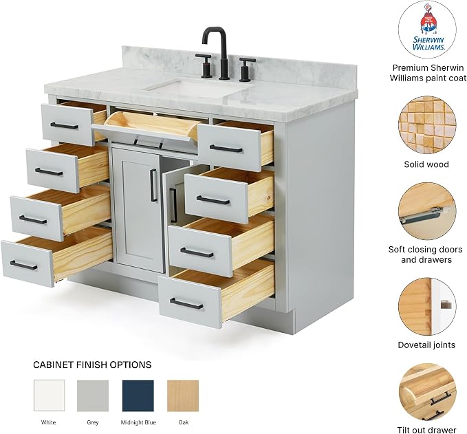 Isabella 48-Inch Bathroom Vanity with Sink — Grey Single Sink Bathroom Vanity, 1.5" Edge Italian Carrara Marble Top, Solid Wood, 2 Soft-Close Doors, 8 Dovetail Drawers + Tilt Drawer