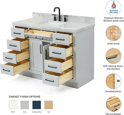 Isabella 48-Inch Bathroom Vanity with Sink — Grey Single Sink Bathroom Vanity, 1.5" Edge Italian Carrara Marble Top, Solid Wood, 2 Soft-Close Doors, 8 Dovetail Drawers + Tilt Drawer