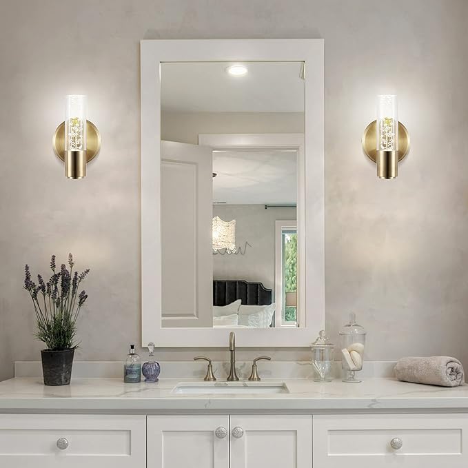 JONATHAN Y 5.5" Brass Gold 1-Light Modern Integrated LED Vanity Light Wall Sconce for Bathroom, Clear Bubble Acrylic Shade Minimalist Art Deco Light for Hallway, Entryway, 4000K (JYL7222B)