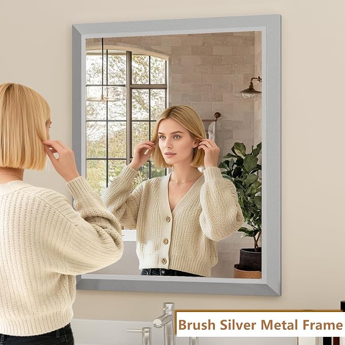 SMIROR 28x32 Brushed Silver Bathroom Vanity Mirror for Over Sink | Metal Wide Frame, Rectangle, Right- Angle Corner, Anti-Rust, Horizontally or Vertically Wall- Mounted for Home Remodel