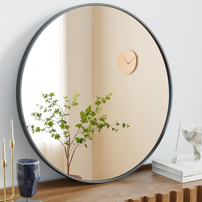 NEWBULIG 30 Inch Round Bathroom Mirror, Wall Mount Mirror | Circle Vanity Mirror for Over Sink, Matte Metal Frame, Entryway Decor, Bedroom Decor, Black