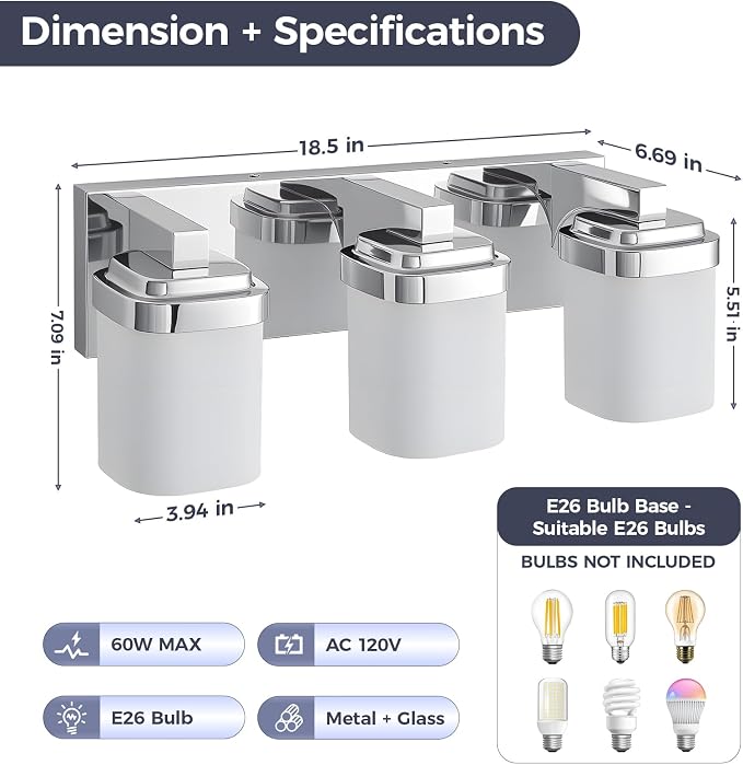 Modern Vanity Lights for Bathroom, Farmhouse Lighting Fixtures | 3-light chrome bathroom light fixtures over mirror, 17 inches bathroom light wall sconce with milky white square glass shade