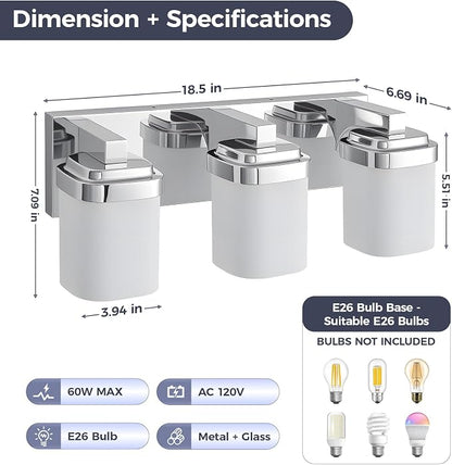 Modern Vanity Lights for Bathroom, Farmhouse Lighting Fixtures | 3-light chrome bathroom light fixtures over mirror, 17 inches bathroom light wall sconce with milky white square glass shade