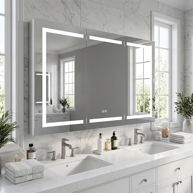 48"x36" Smart LED Medicine Cabinet with Mirror - Triple Door Bathroom Storage, Anti-Fog Technology, 3-Color Stepless Dimming, 5X Magnifier, Night Light, Soft-Close Hinges