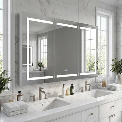 48"x36" Smart LED Medicine Cabinet with Mirror - Triple Door Bathroom Storage, Anti-Fog Technology, 3-Color Stepless Dimming, 5X Magnifier, Night Light, Soft-Close Hinges