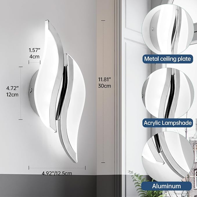 CANEOE Modern LED Wall Sconce 6000K Chrome Indoor Wall Light Fixtures Acrylic Wall Sconce Lighting for Living Room Bedroom Bedside Bathroom Hallway Stairway Wall Lamp (Chrome, 1 Pack, 6000K)