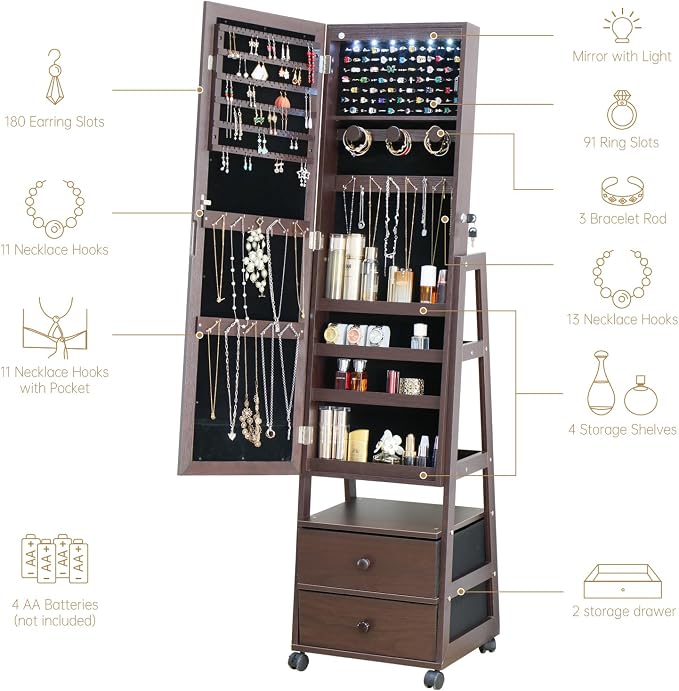 Jewelry Armoire Cabinet Organizer Standing with 20 LED Lights Lockable | Full Length Mirror with Storage Shelves and 2 Drawers (Brown) Adjustable Tilt Angles Gift for Her