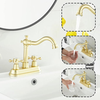 Bathroom Faucet Brushed Gold 2 Handles 4 Inches Centerset Bathroom Vanity with Drain Assembly and Supply Hose Lavatory Faucet