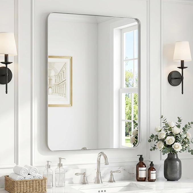 Brushed Nickel Bathroom Mirror for Over Sink, 30" x 40" Framed Rectargular Wall-Mounted Bathroom Mirrors for Vanity, Decorative, Farmhouse, Restroom, Horizontally or Vertically Hanging