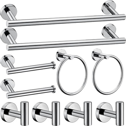 10 Pieces Polished Chrome Bathroom Hardware Accessories Set,Hand Towel Ring,16 inch Towel Bar,Toilet Paper Holder,4pcsTowel Hooks,Round SUS304 Stainless Steel Heavy Duty Wall Mount Holder,Towel Rack