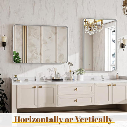 Bathroom Mirrors for Over Sink 24 x 32 Inch Rectangle Bathroom Vanity Mirror with Rounded Corner Bathroom Mirror for Wall for Living Room Bedroom Entryway Silver