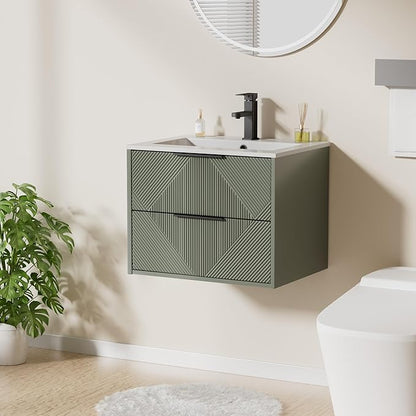 LUCKWIND 24" Floating Bathroom Vanity with Sink Combo, Wall Mounted Floating Cabinet with 2 Large Soft-Close Drawers & Water Saving Faucet, Geometric Textured Design in Green