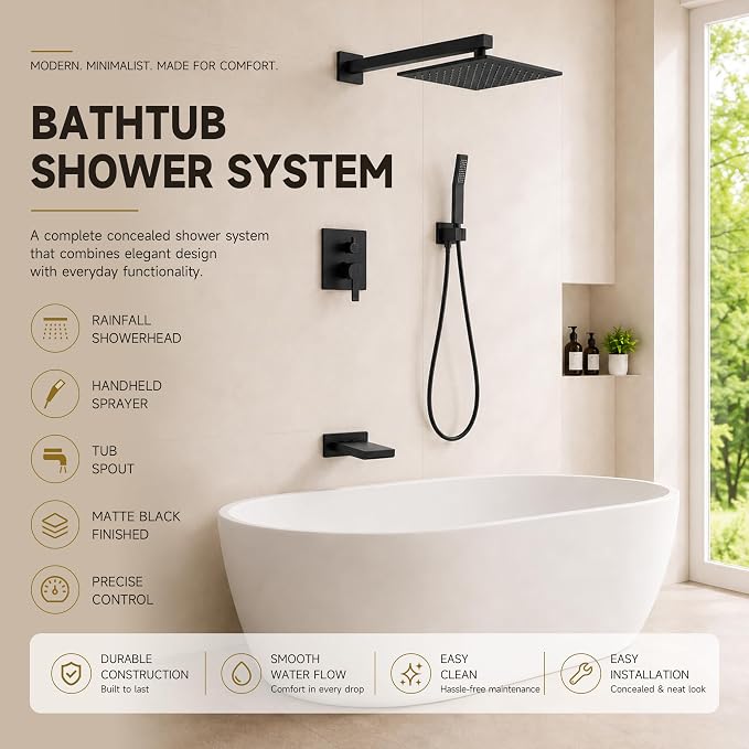 Shower System with Tub Spout, All Metal Black Bathtub Shower Faucet Set with High Pressure 10 Inch Rain Shower Head and Handheld Shower Head Set, Matte Black (Valve Include）