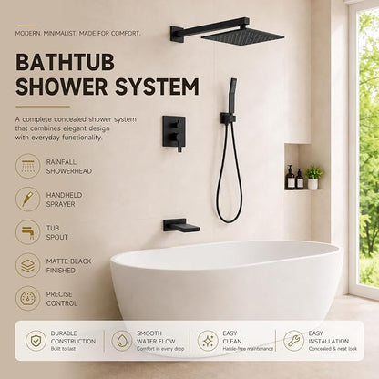Shower System with Tub Spout, All Metal Black Bathtub Shower Faucet Set with High Pressure 10 Inch Rain Shower Head and Handheld Shower Head Set, Matte Black (Valve Include）