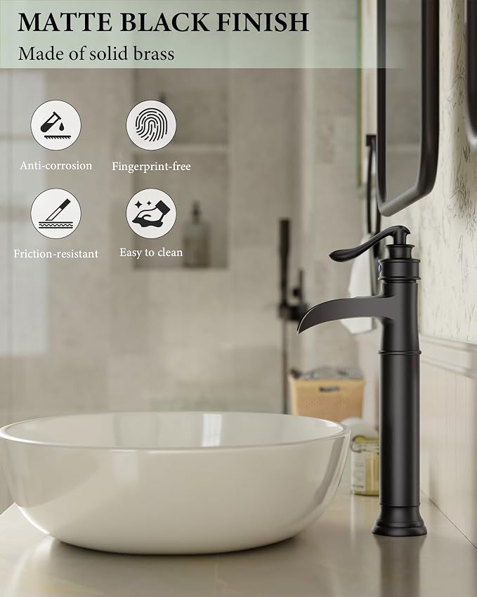 Matte Black Vessel Sink Faucets Waterfall Bathroom Faucet Single Handle | 1 Hole Brass for Lavatory Farmhouse with Pop Up Drain Mixer Tap Without Overflow Supply Line by Homevacious
