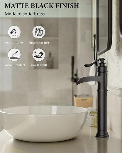 Matte Black Vessel Sink Faucets Waterfall Bathroom Faucet Single Handle | 1 Hole Brass for Lavatory Farmhouse with Pop Up Drain Mixer Tap Without Overflow Supply Line by Homevacious