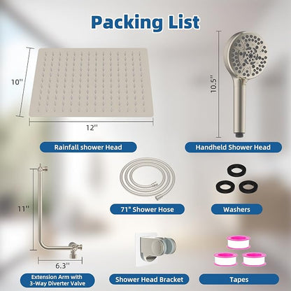 12" Metal Rainfall Shower Head with 10-Mode Handheld, Brushed Nickel | NSF/ANSI/CAN 372 Certified, High Pressure Showerhead Combo with 11" Adjustable Shower Arm, 71" Hose, Shower Head Holder