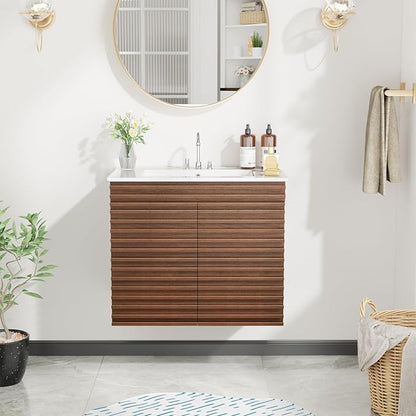 ROOMTEC 30" Bathroom Vanity with Ceramic Sink Combo, Mid-Century Wall Mounted Floating Vanity Cabinet with 2 Closing Doors, Wood Grain Texture, Walnut