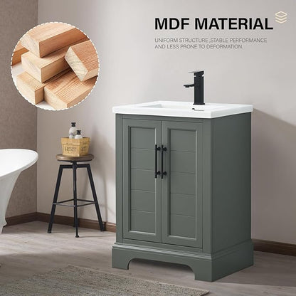 HOMEBEYOND 24 Inch Bathroom Vanity with Single Sink & Ceramic Top, Vanity Cabinet with Center Countertop Basin, Soft-Closing Doors,Vintage Green