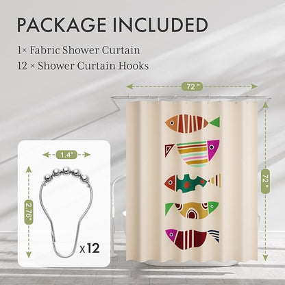 AmazerBath Cute Shower Curtain, Geometric Shaped Fish Bathroom Shower Curtain with 12 Shower Curtain Hooks, Rustic Fabric Shower Curtain Set, 72x72 Inches