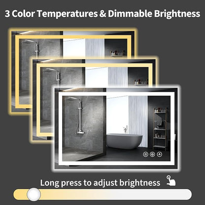 Koonmi 55x30 LED Bathroom Mirror, Shatterproof Mirror with Light | 90CRI Vanity Mirror with Anti-fog Backlit + Front Lit, 3 Color, Easy Install for Bathroom Hotel (IP65)