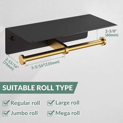Double Toilet Paper Holder with Shelf, Black & Gold, Wall Mounted | 304 Stainless Steel, Rustproof for Bathroom, Restroom, Powder Room, Kitchen, 2-in-1 Functional 2 Paper Rolls & Phone Storage