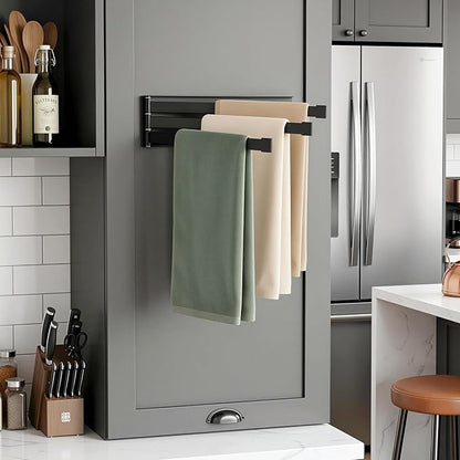 Swing Towel Holder Rack Matte Black | Wall Mounted Towel Bar, Swivel with 3-Arm for Bathroom Kitchen Storage