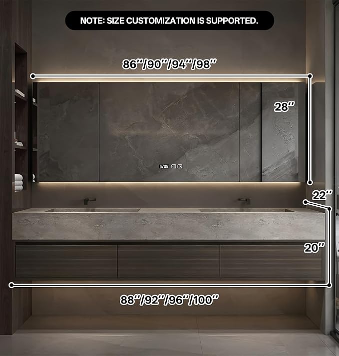 Double Sink Bathroom Vanity, Wood Looking Bath Vanity Includes Smart Anti-Fog Mirror Cabinet, Slate Countertop and One-Piece Sink, Wall Mounted Vanities with Soft-Close Drawers (Dark Walnut,96")