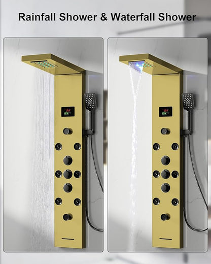 Homevacious Polished Gold 5 In 1 Shower Panel Tower System LED Rain Waterfall Shower Head and Adjustable Massage Body Jets 3 Settings Handheld Head and Tub Spout Stainless Steel Bathroom Panel