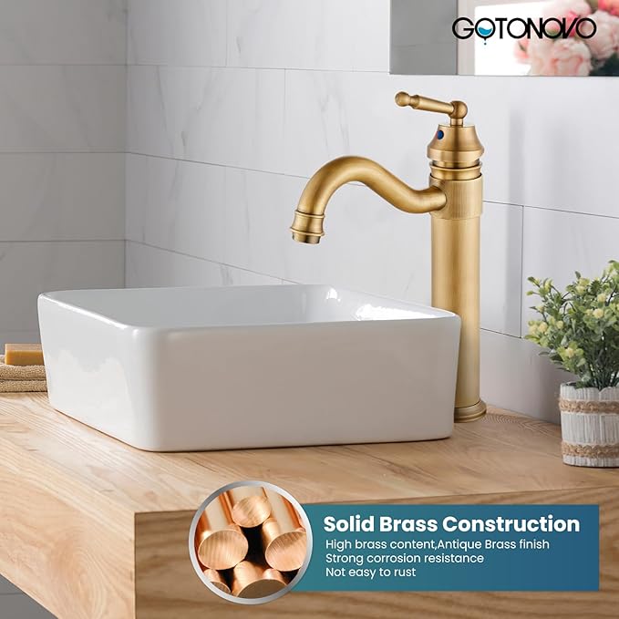 gotonovo Bathroom Vessel Sink Faucet Single Handle Brass Long Reach Bathroom Faucet 1 Hole Deck Mounted Mixer Tap with Pop Up Drain Antique Brass