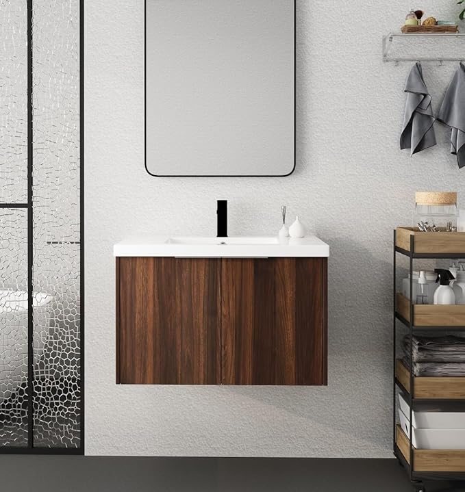 30in Wall Mount Bathroom Vanity w/Sink Combo for Home, Resin Countertop Double Doors Modern Bathroom Vanity Cabinet for Company, Floating Walnut Bathroom Vanity and Sink Set w/Silver Handle