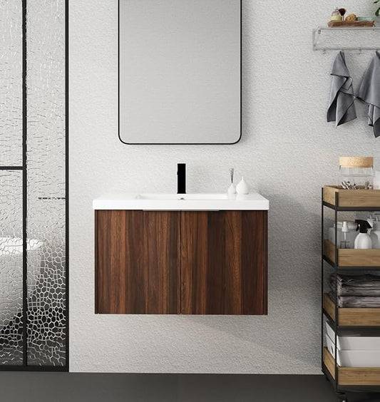 30in Wall Mount Bathroom Vanity w/Sink Combo for Home, Resin Countertop Double Doors Modern Bathroom Vanity Cabinet for Company, Floating Walnut Bathroom Vanity and Sink Set w/Silver Handle