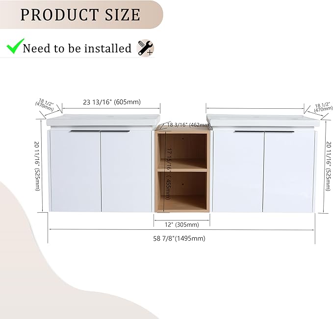 SSLine 60-Inch Double Sink Vanity Modern Wall Mounted Bathroom Vanity with Double Ceramic Sink 60" Large Floating Bathroom Vanities Set with Middle Storage Shelf & 2 Cabinet (White)