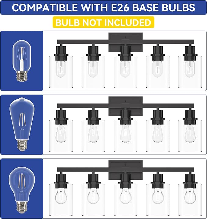 Hasipu 5-Light Black Bathroom Vanity Light Fixtures Over Mirror | HD Clear Glass Shade, Sturdy Rust-Resistant Metal Frame, E26 Socket, Dust-Proof, Easy to Clean, for Bathroom Kitchen Hallway