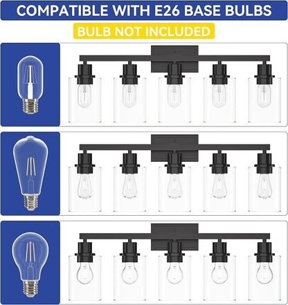 Hasipu 5-Light Black Bathroom Vanity Light Fixtures Over Mirror | HD Clear Glass Shade, Sturdy Rust-Resistant Metal Frame, E26 Socket, Dust-Proof, Easy to Clean, for Bathroom Kitchen Hallway