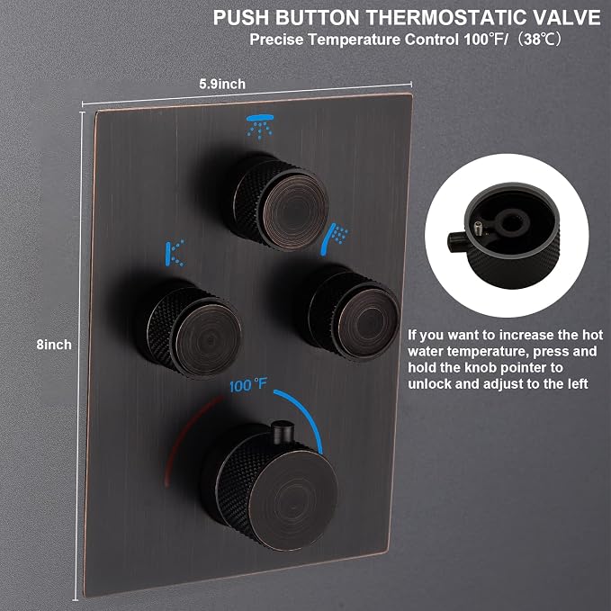 Thermostatic Shower System with Body Jets, Wall Mounted 12 Inch Rain Shower Head with Handheld Spray and 4 Body Jets Set, Push Button Thermostatic Shower Brass Valve, Oil Rubbed Bronze