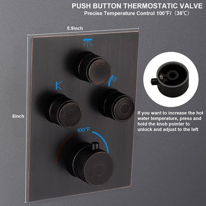 Thermostatic Shower System with Body Jets, Wall Mounted 12 Inch Rain Shower Head with Handheld Spray and 4 Body Jets Set, Push Button Thermostatic Shower Brass Valve, Oil Rubbed Bronze