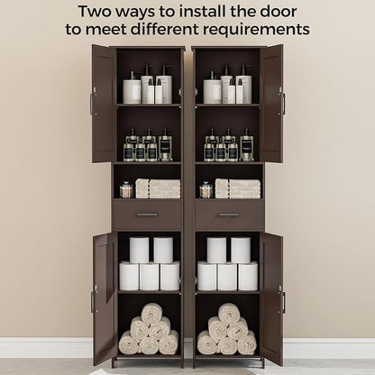 Homhedy 67" H Tall Bathroom Storage Cabinet with Barn Doors and Drawer | Narrow Storage Unit with Adjustable Shelves, Floor Cabinet for Bathroom, Living Room, Entryway or Kitchen, Brown, 15.7" W