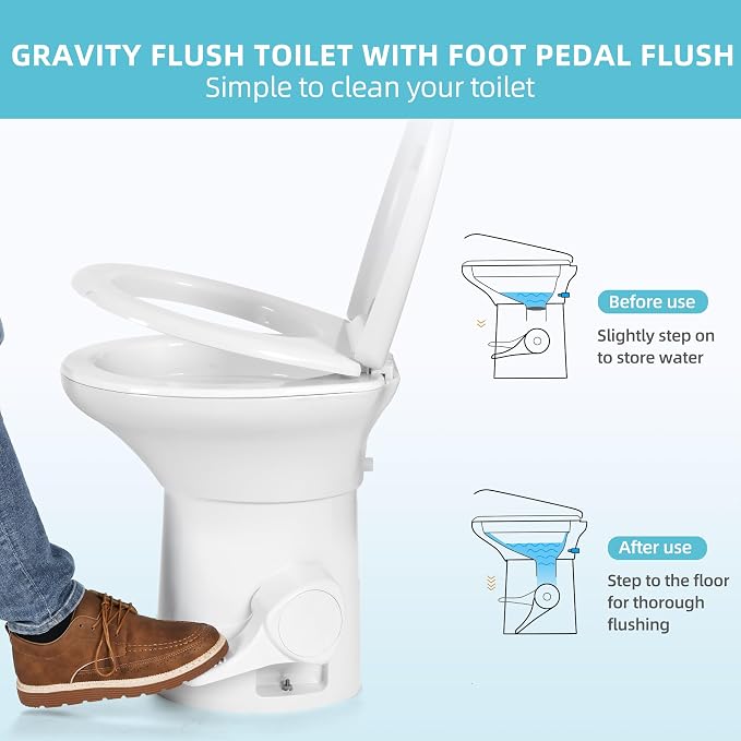 YITAMOTOR RV Toilet with Enamel Bowl, Plastic Toilet Body, Pedal Flush, Gravity Flush Toilet High Profile with Hand Sprayer and Flange for Motorhome Caravan Car Travel | Plastic Toilet Body, Pedal Flush, Gravity Flush Toilet High Profile with Hand Spra...
