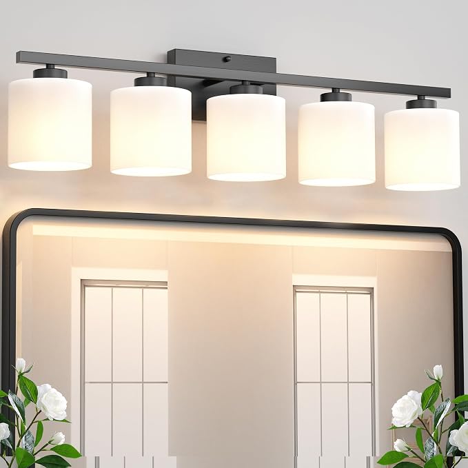 Honesorn Black Vanity Light, 5-Light Bathroom Light Fixtures, Frosted Shade | Matte Black Bathroom Vanity Light, Wall Sconces with Milky White Frosted Shades for Bedroom,E26 Socket(Bulbs Not Included)