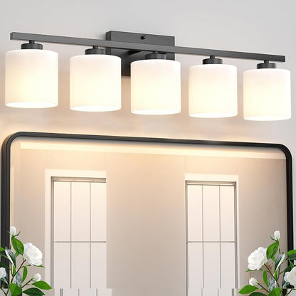 Honesorn Black Vanity Light, 5-Light Bathroom Light Fixtures, Frosted Shade | Matte Black Bathroom Vanity Light, Wall Sconces with Milky White Frosted Shades for Bedroom,E26 Socket(Bulbs Not Included)