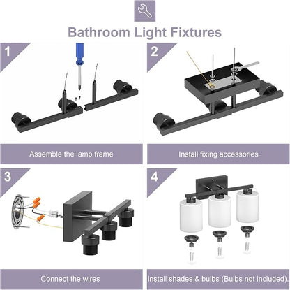 Honesorn Bathroom Light Fixtures Black, 3-Light Vanity Lights Over Mirror | Modern Bathroom Vanity Light, Frosted Shades, Bathroom Lights Over Mirror, E26 Socket (Bulbs Not Included)