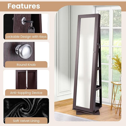 GOFLAME 360° Rotating Jewelry Armoire, Lockable Jewelry Cabinet with Full-Length Mirror & Inner Makeup Mirror, Standing Jewelry Storage Organizer with Rear Storage Shelves, Espresso
