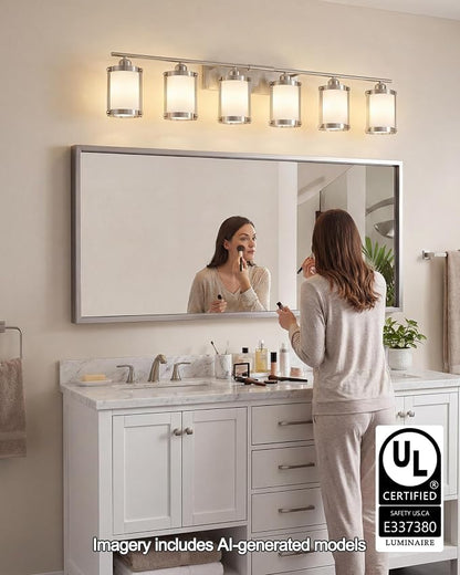 6-Light Brushed Nickel Bathroom Light Fixtures Over Mirror with Frosted Milk Glass and Metal Cage Shade, 42" UL-Listed Modern Farmhouse Wall Sconce for Bath, Hardwire E26, OS-3014BNW-6W