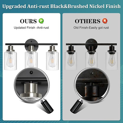 Unicozin Modern Bathroom Light Fixtures, 3 Light Vanity Lights, Black and Brushed Nickel Wall Lamp with Clear Glass for Bathroom, Mirror, Living Room, Bedroom, Hallway, E26 Base
