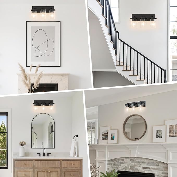 3-Light Bathroom Lighting Fixtures over Mirror, Matte Black Vanity Lights with Square Transparent Glass Shade, Modern Bathroom Vanity Light for Mirror Kitchen, Living Room, Gallery, Hallway